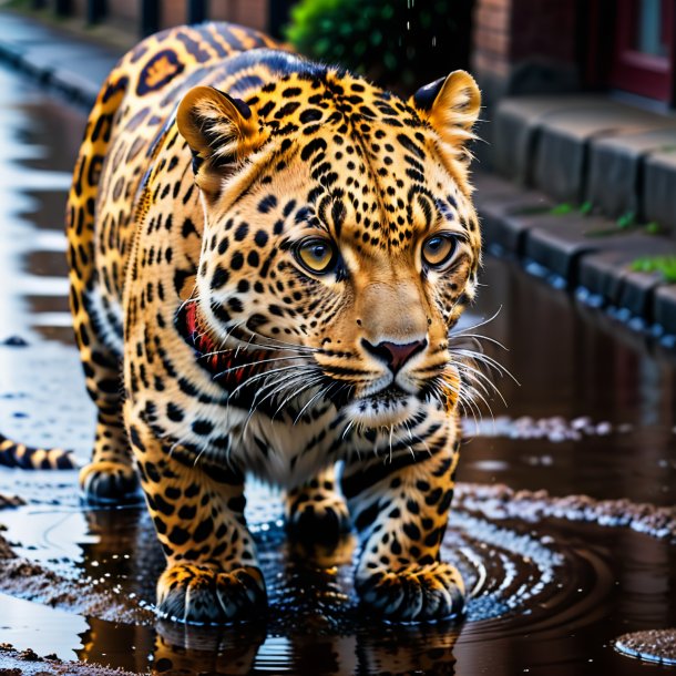 Photo of a leopard in a belt in the puddle