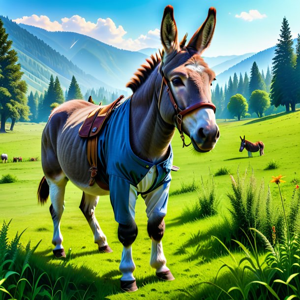 Photo of a donkey in a trousers in the meadow