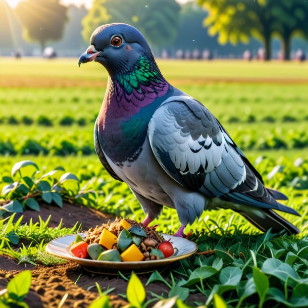 Picture of a eating of a pigeon on the field