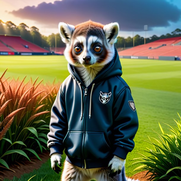 Pic of a lemur in a hoodie on the field