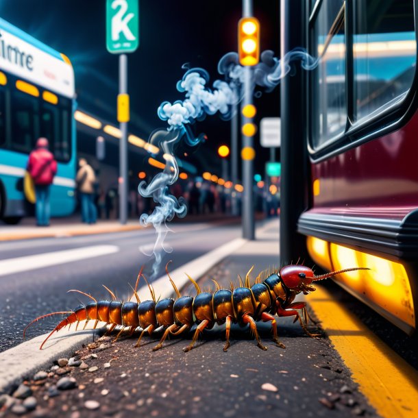 Foto de un fumar de un ciempiés en la parada de autobús