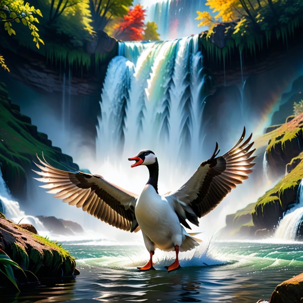 Image of a angry of a goose in the waterfall