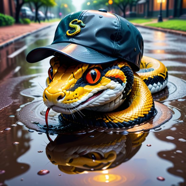 Drawing of a snake in a cap in the puddle