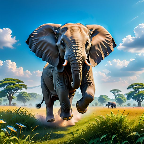 Image of a jumping of a elephant in the meadow