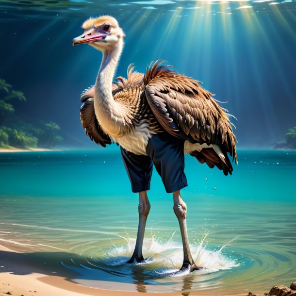 Illustration of a ostrich in a trousers in the water