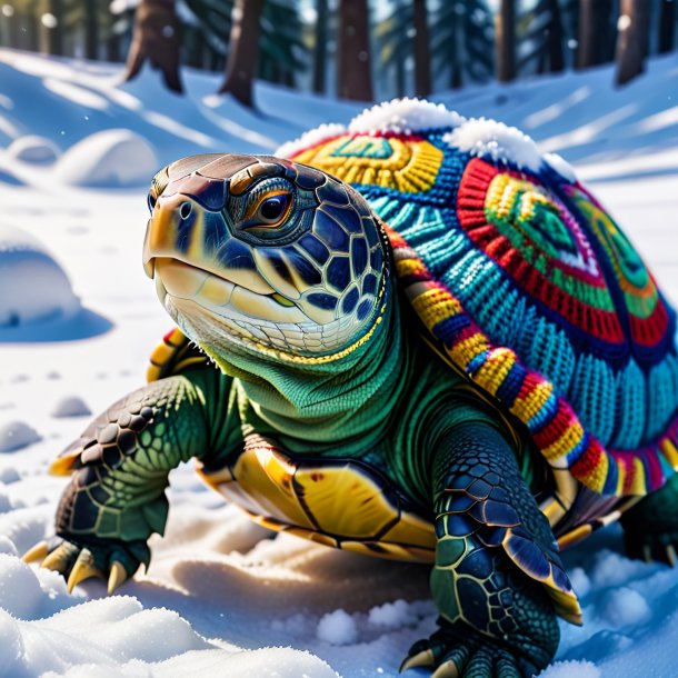 Image of a turtle in a sweater in the snow