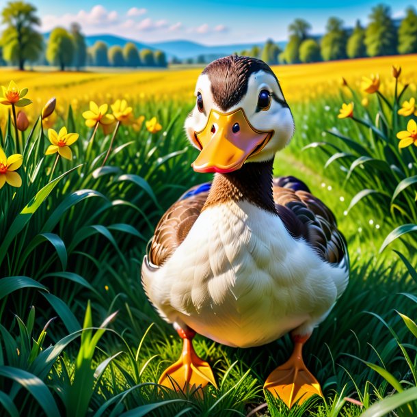 Foto de um sorriso de um pato no prado