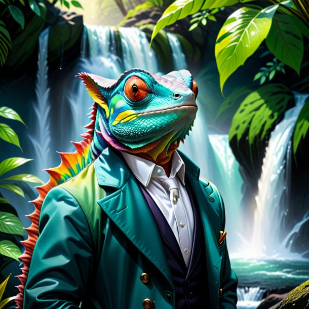 Drawing of a chameleon in a coat in the waterfall