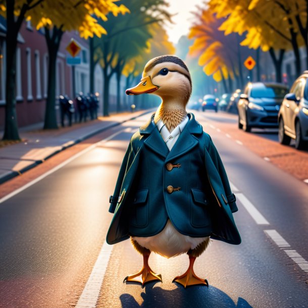 Pic of a duck in a coat on the road