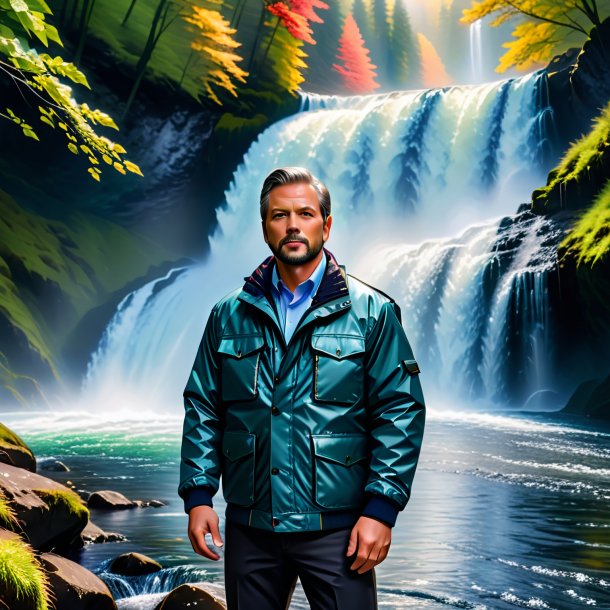 Image of a salmon in a jacket in the waterfall