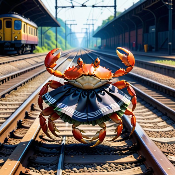 Illustration of a crab in a skirt on the railway tracks