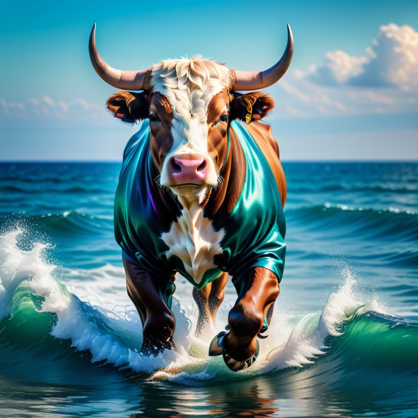 Photo of a bull in a trousers in the sea