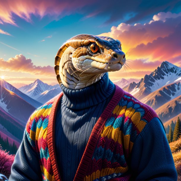 Image of a cobra in a sweater in the mountains