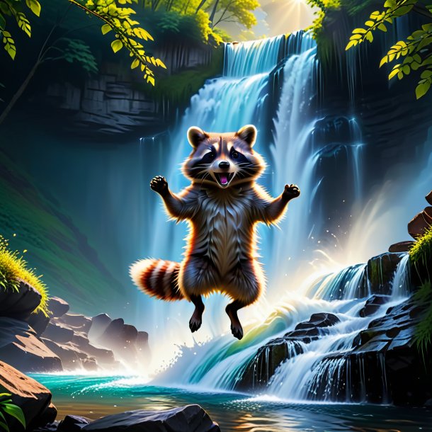 Photo of a jumping of a raccoon in the waterfall