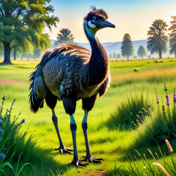 Foto de uma emu em uma calça no prado