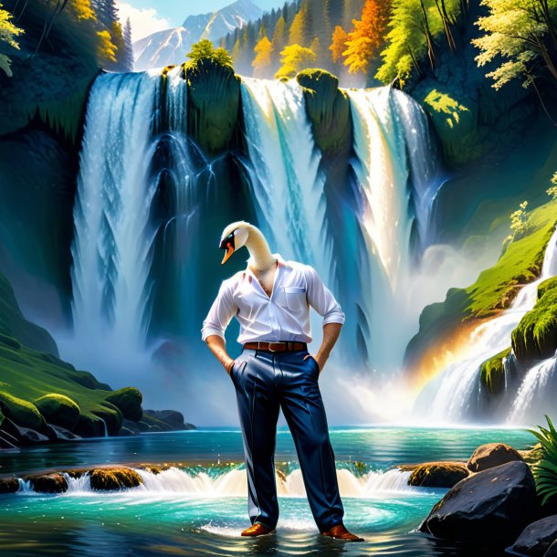 Image of a swan in a trousers in the waterfall