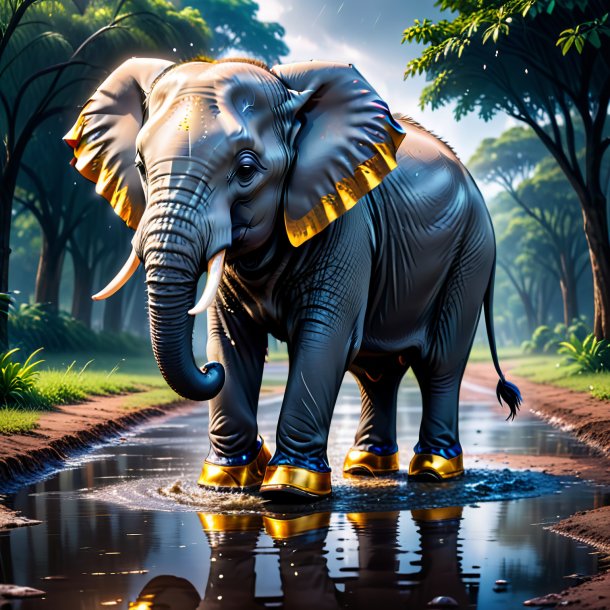 Picture of a elephant in a shoes in the puddle