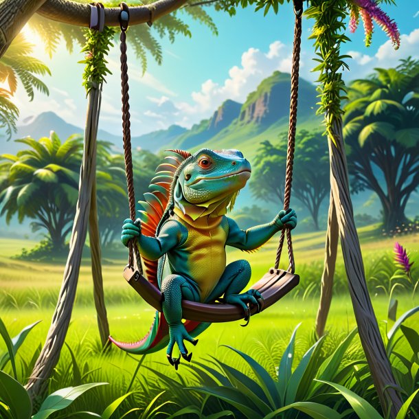 Image of a swinging on a swing of a iguana in the meadow