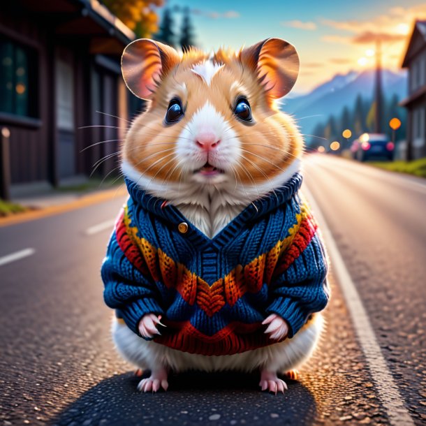 Imagem de um hamster em um suéter na estrada