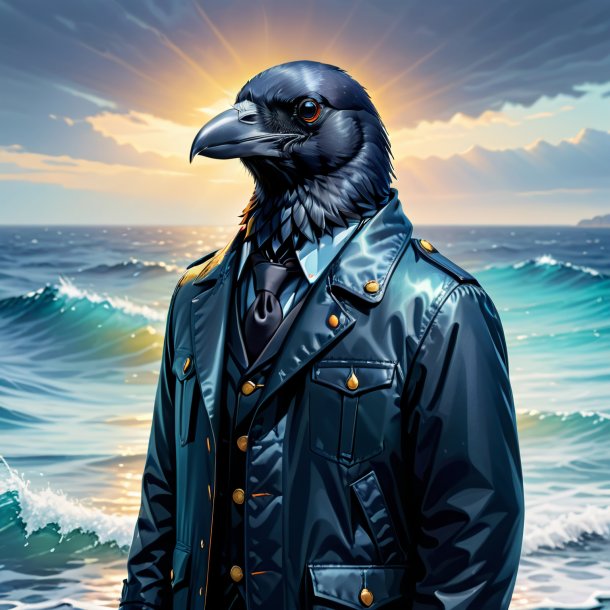 Illustration of a crow in a jacket in the sea