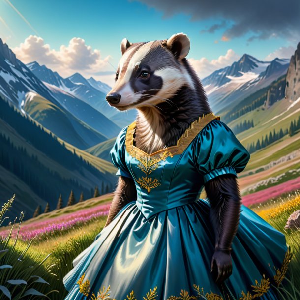 Drawing of a badger in a dress in the mountains