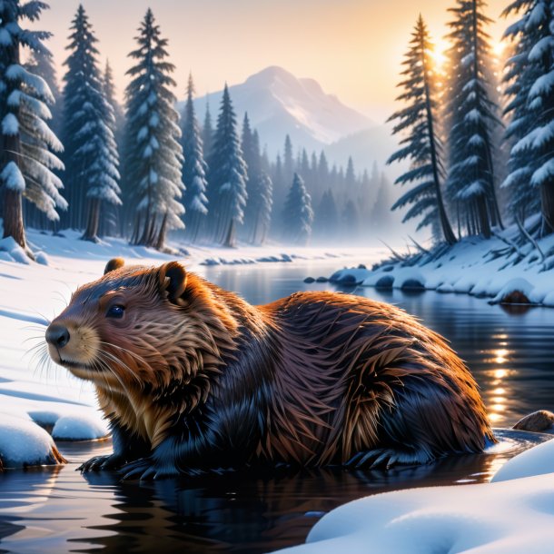 Photo of a waiting of a beaver in the snow