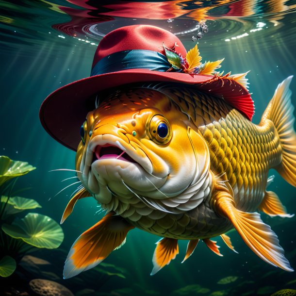 Photo of a carp in a hat in the water