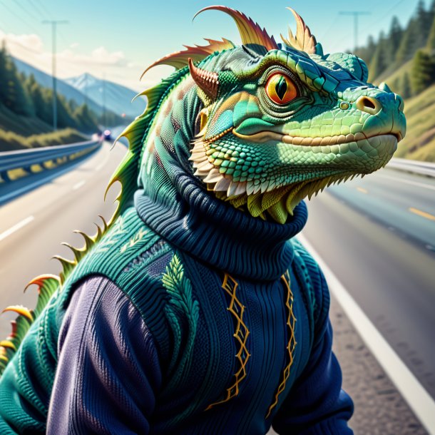 Illustration of a basilisk in a sweater on the highway