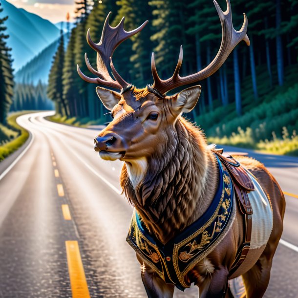 Photo d'un wapiti dans un gilet sur la route