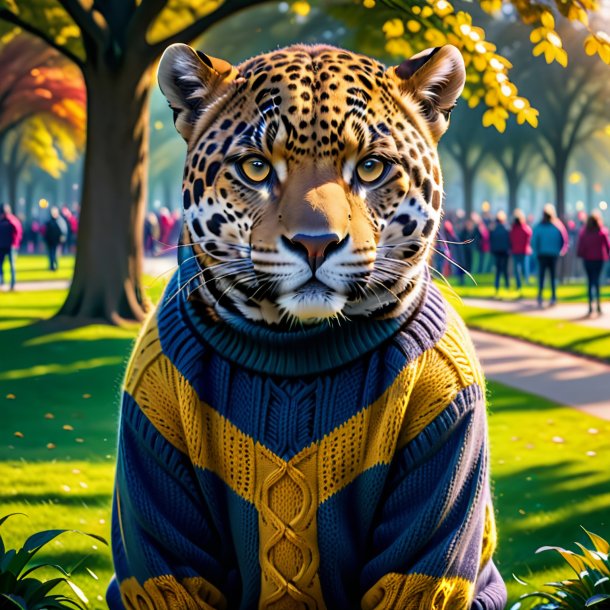 Foto de um jaguar em um suéter no parque