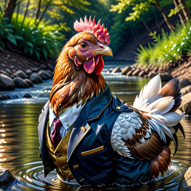 Drawing of a hen in a jacket in the river