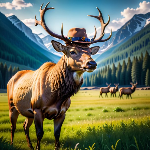 Photo d'un wapiti dans un chapeau sur le terrain