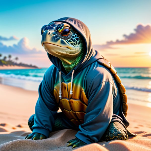 Photo of a turtle in a hoodie on the beach