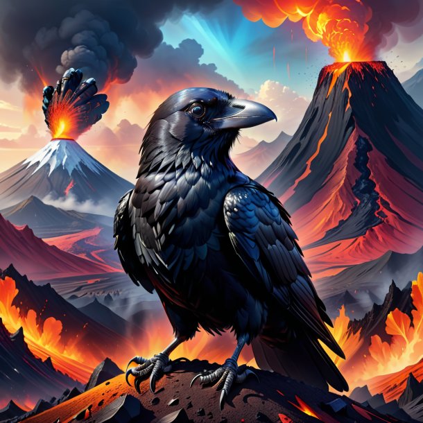 Illustration of a crow in a gloves in the volcano