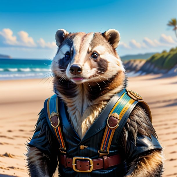 Drawing of a badger in a belt on the beach