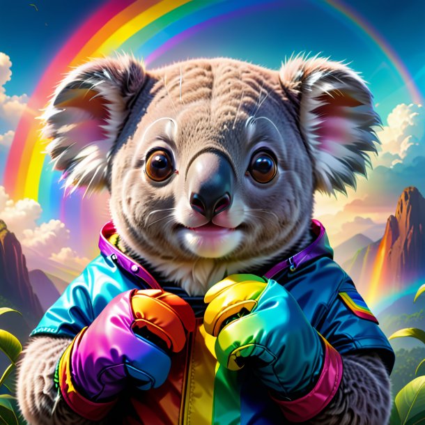 Illustration of a koala in a gloves on the rainbow