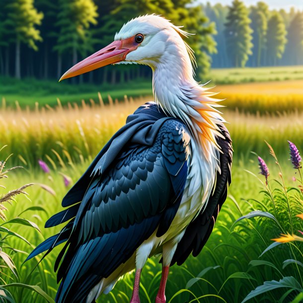 Image of a stork in a hoodie in the meadow