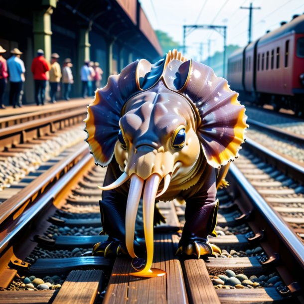 Image of a drinking of a cuttlefish on the railway tracks