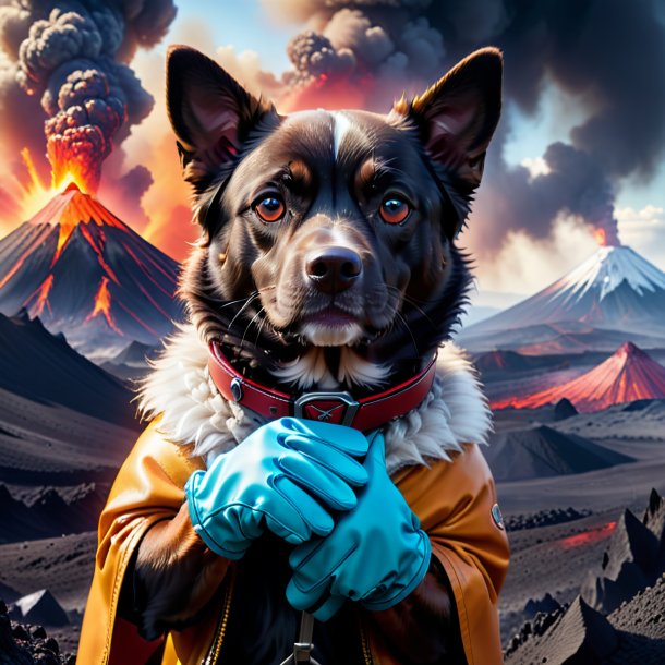 Picture of a dog in a gloves in the volcano