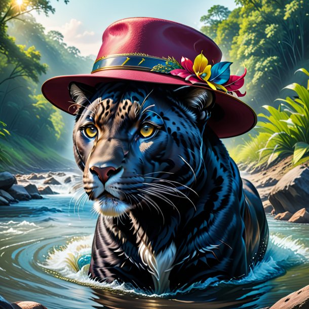 Drawing of a panther in a hat in the river