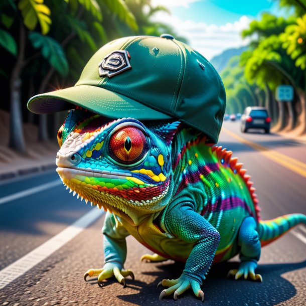 Image of a chameleon in a cap on the road