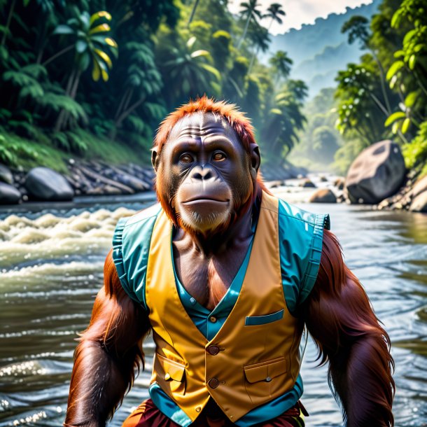 Pic of a orangutan in a vest in the river