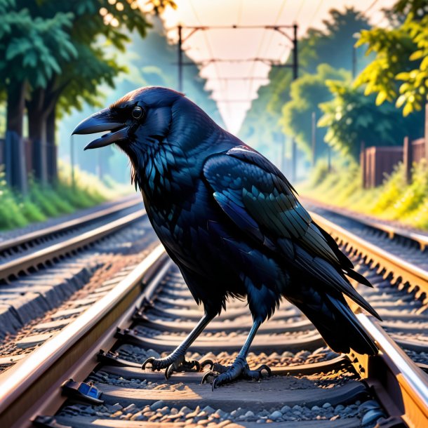 Pic of a playing of a crow on the railway tracks