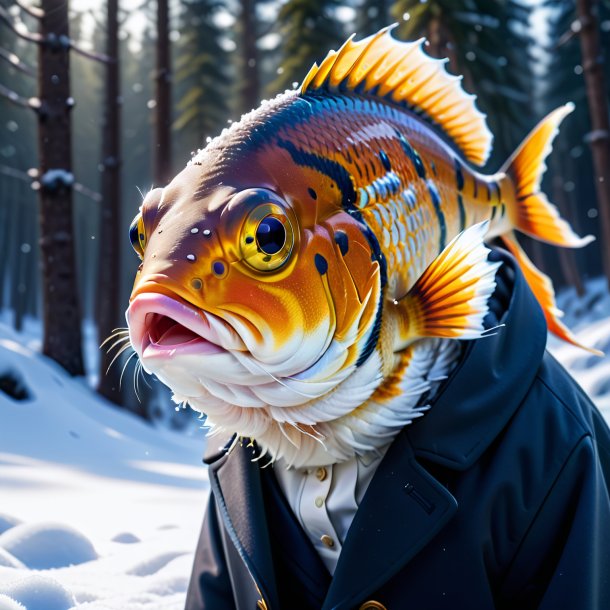 Picture of a fish in a coat in the snow