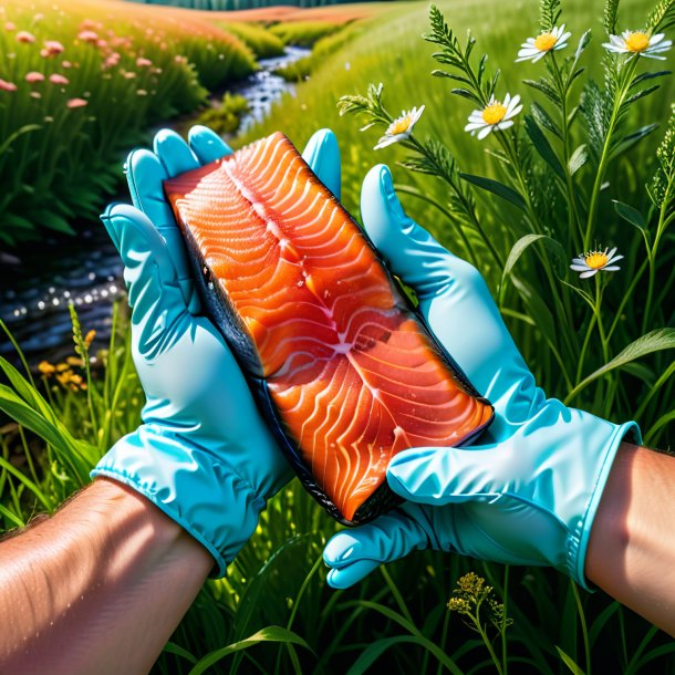 Photo of a salmon in a gloves in the meadow