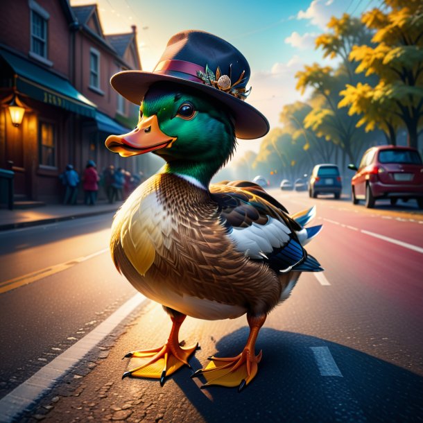 Illustration of a duck in a hat on the road