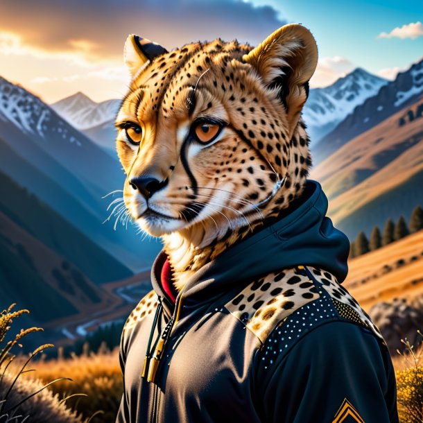 Picture of a cheetah in a hoodie in the mountains