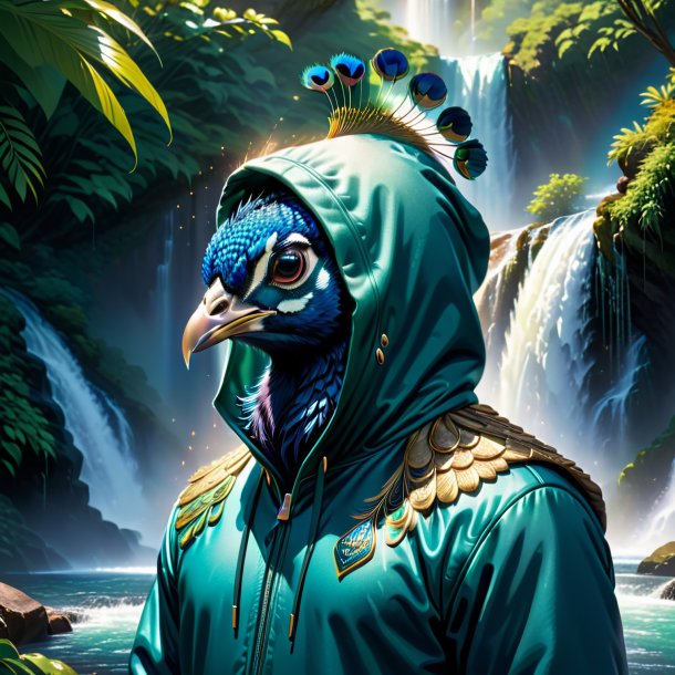 Illustration of a peacock in a hoodie in the waterfall