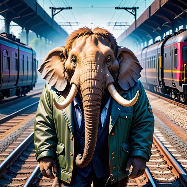 Picture of a mammoth in a jacket on the railway tracks