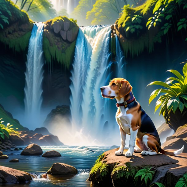 Picture of a waiting of a beagle in the waterfall